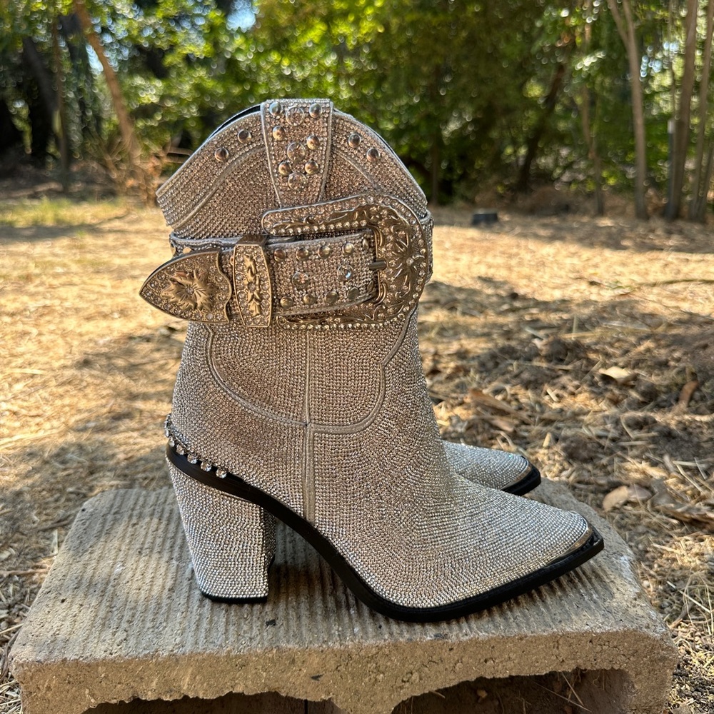 Glamorous Silver Studded Heeled Boots